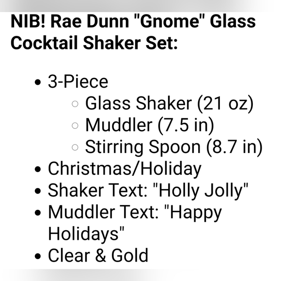 Rae Dunn Holiday Gnomes Glass Cocktail Shaker Muddler Spoon Set Holly Jolly NIB - Picture 4 of 4